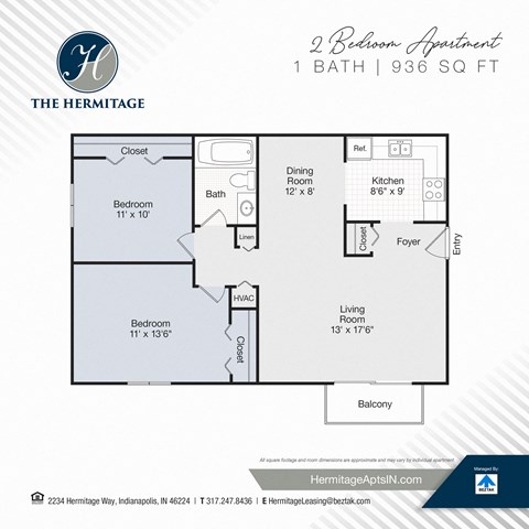 Floor plan for 2 beds, 1 bath, 936 sqft